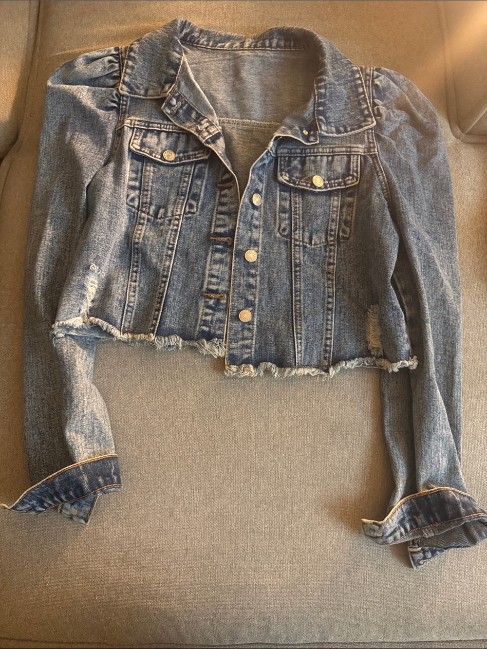 SHEIN Blue Cropped Frayed Hem Denim Jacket